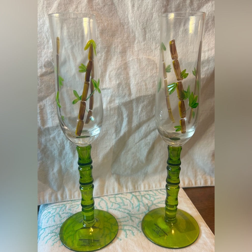 Set of 2 Hand Painted/Crafted Romanian Glass  Bamboo Themed Champagne Glasses